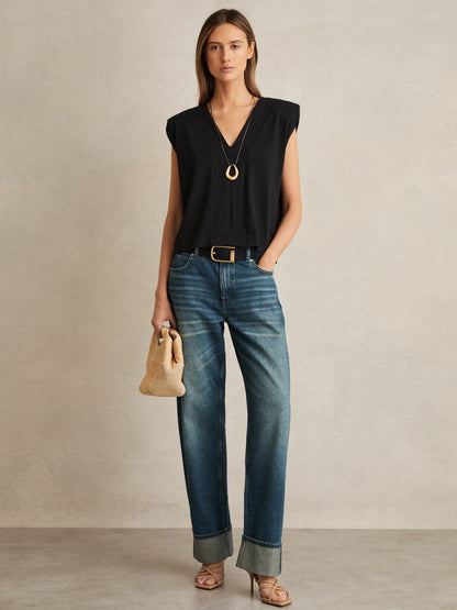 Reiss Popular Choice - Cotton Shoulder-Pad V-Neck Top in Black