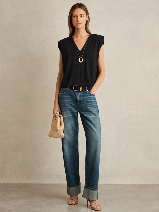 Reiss Popular Choice - Cotton Shoulder-Pad V-Neck Top in Black
