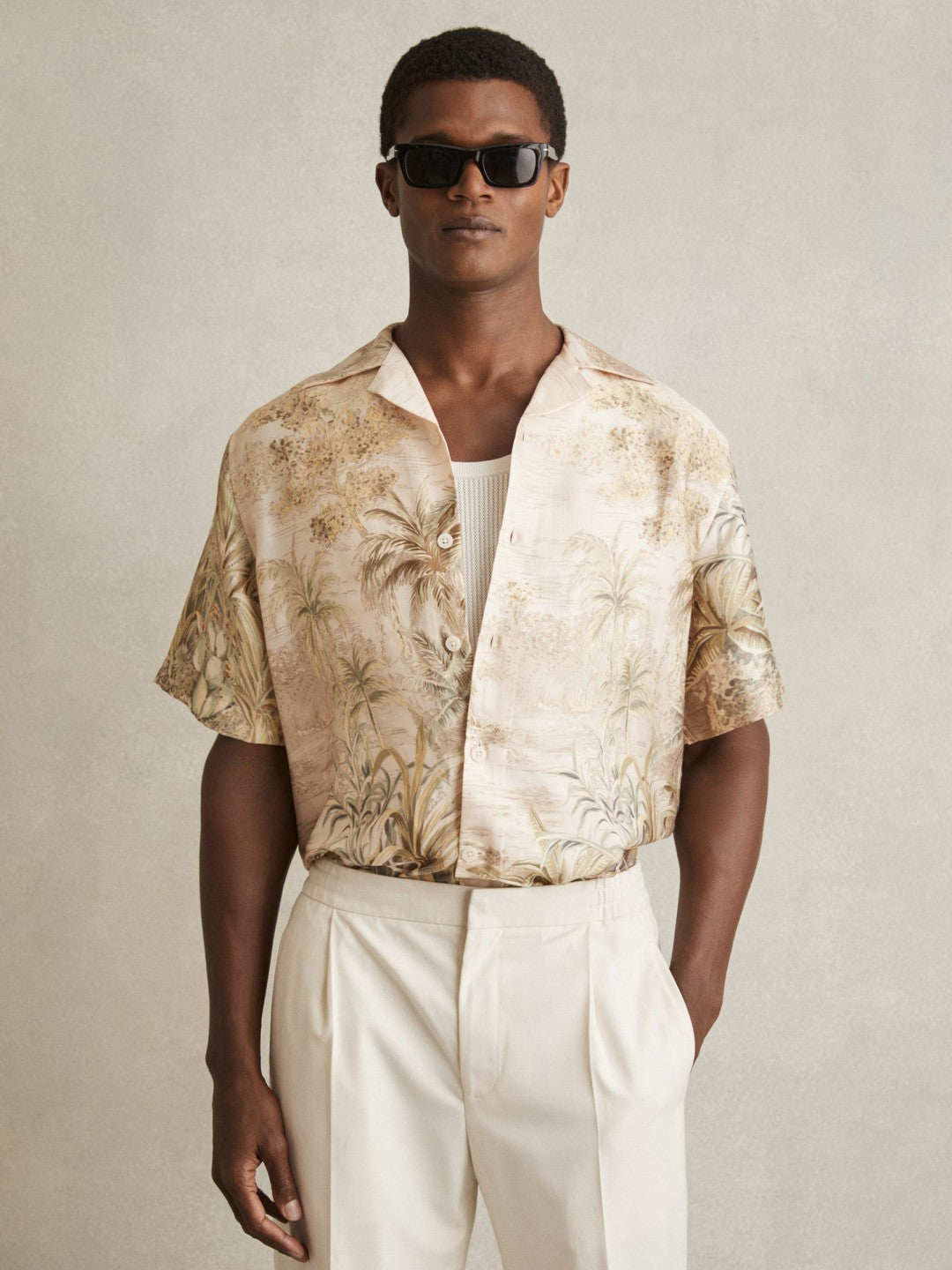 Reiss Affordable - Jungle Print Cuban-Collar Shirt in Soft Sage Green