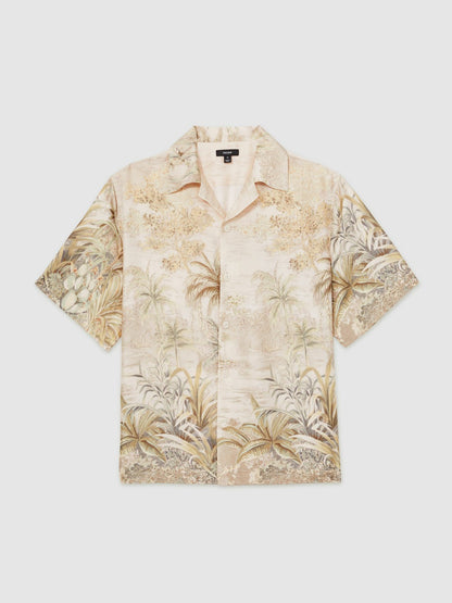 Reiss Affordable - Jungle Print Cuban-Collar Shirt in Soft Sage Green