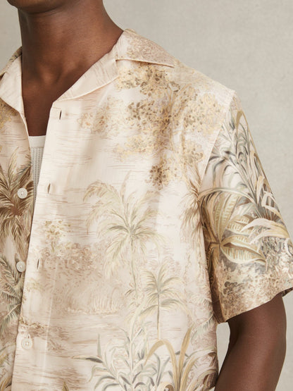 Reiss Affordable - Jungle Print Cuban-Collar Shirt in Soft Sage Green