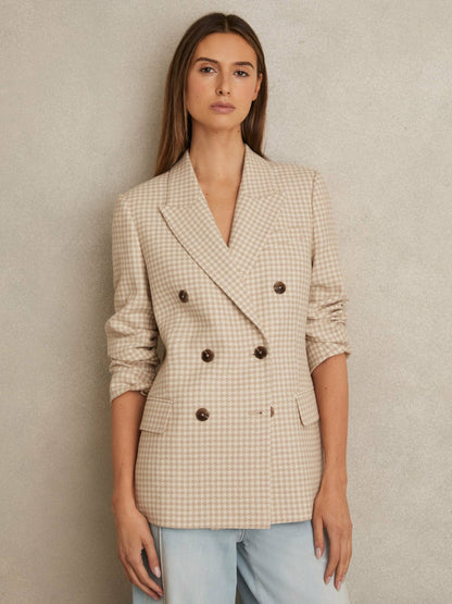 Reiss Affordable - Petite Double Breasted Check Blazer With Wool in Neutral Check