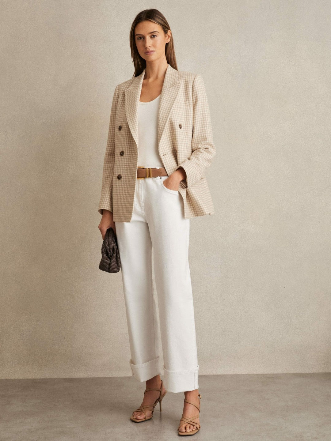 Reiss Affordable - Petite Double Breasted Check Blazer With Wool in Neutral Check