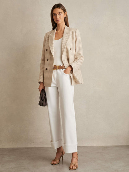 Reiss Affordable - Petite Double Breasted Check Blazer With Wool in Neutral Check
