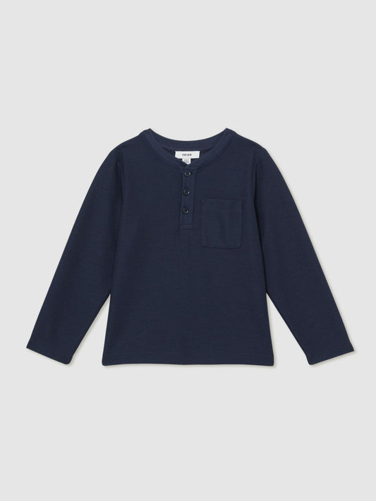 Reiss 13-14 yrs Cotton-Blend Waffle Henley T-Shirt in Navy