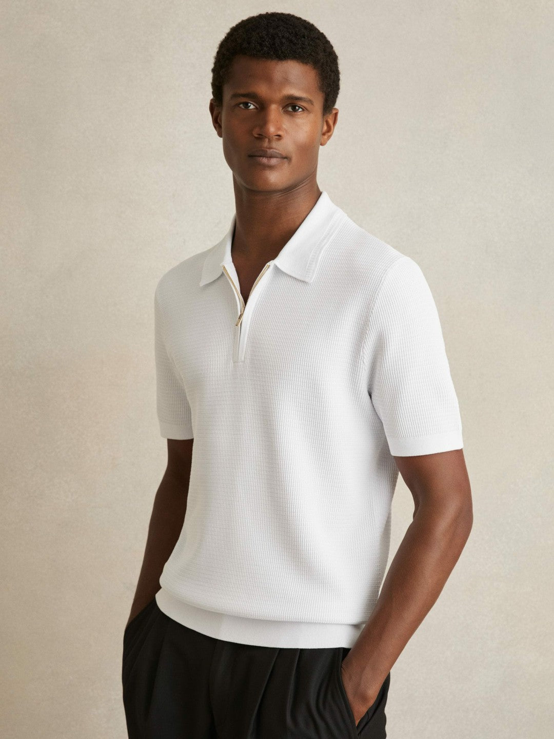 Reiss Deal - Textured Half-Zip Polo Shirt in White