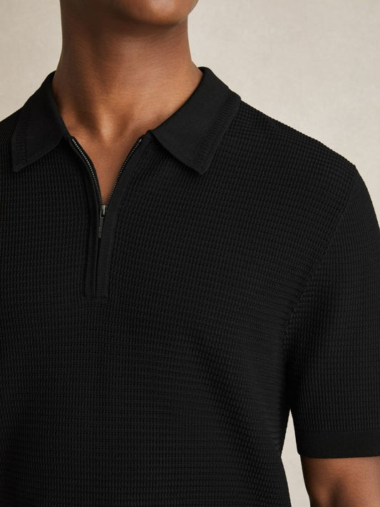 Reiss Popular Choice - Textured Half-Zip Polo Shirt in Black
