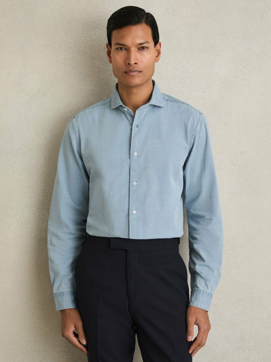Reiss Washed Cotton Chambray Shirt in Blue