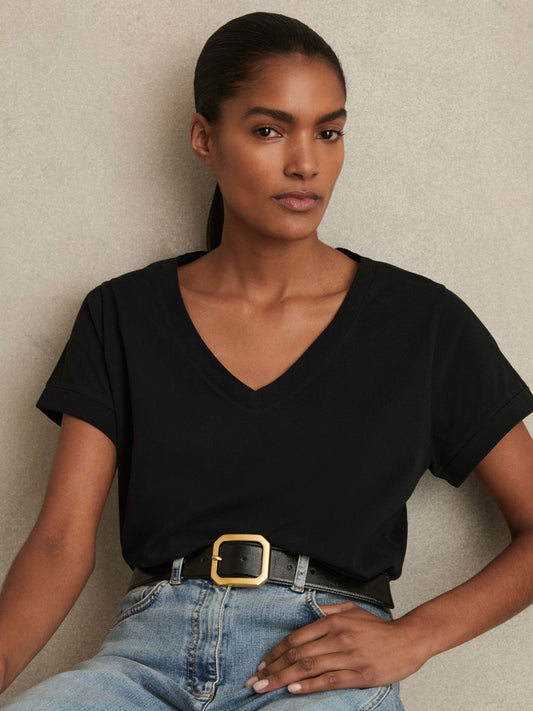 Reiss Best Seller - Brushed-Cotton V-Neck T-Shirt in Black
