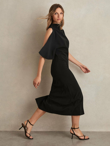 Reiss Draped-Front High-Neck Midi Dress in Black