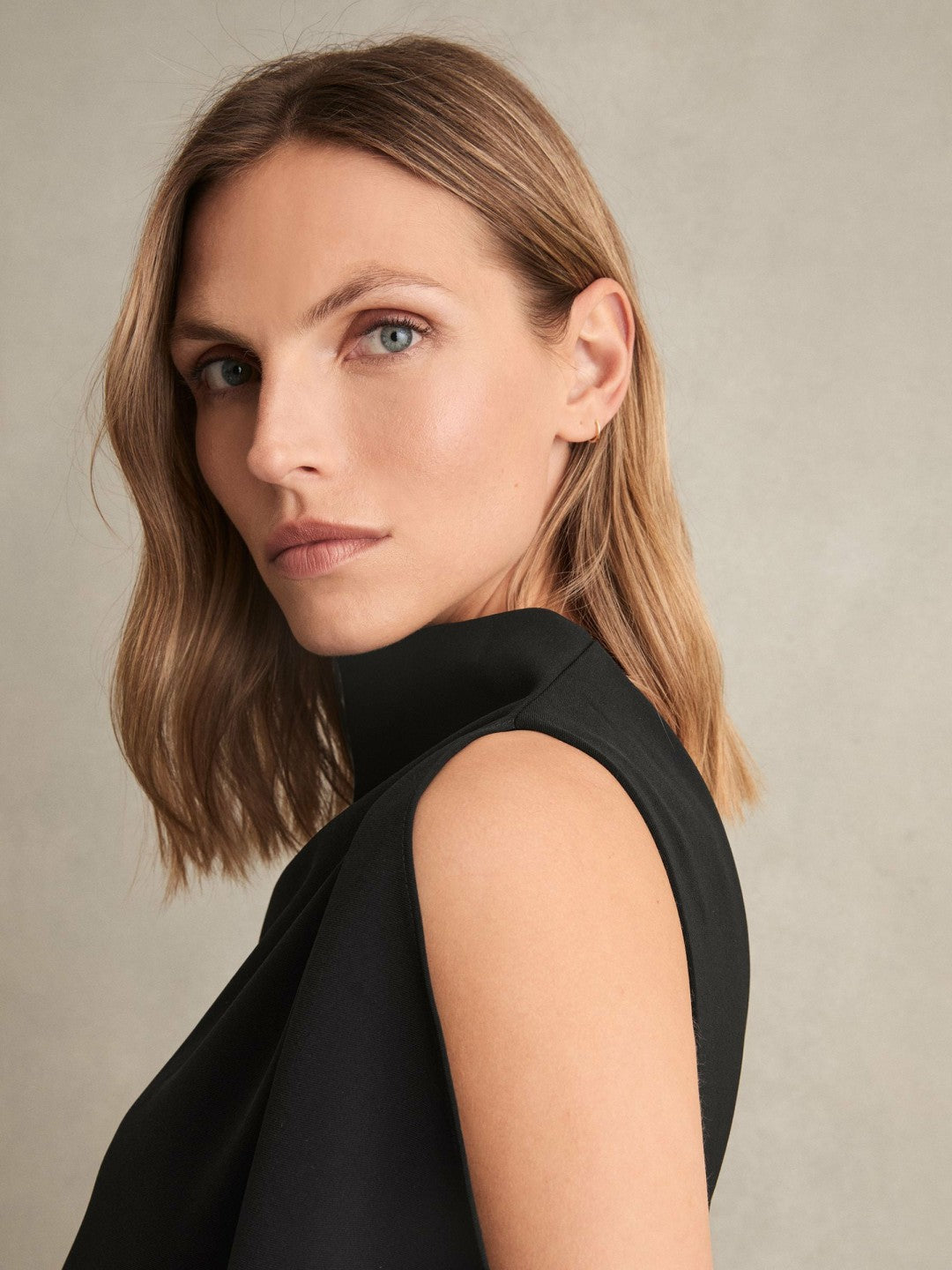Reiss Draped-Front High-Neck Midi Dress in Black