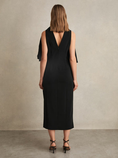 Reiss Draped-Front High-Neck Midi Dress in Black