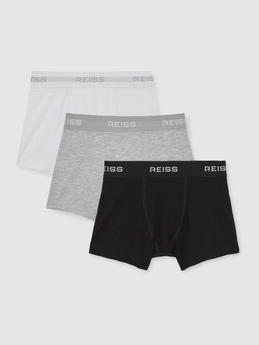 Reiss Offer - 9-13 yrs Stretch-Cotton Logo-Waistband Boxer Shorts 3 Pack in White/Grey/Black
