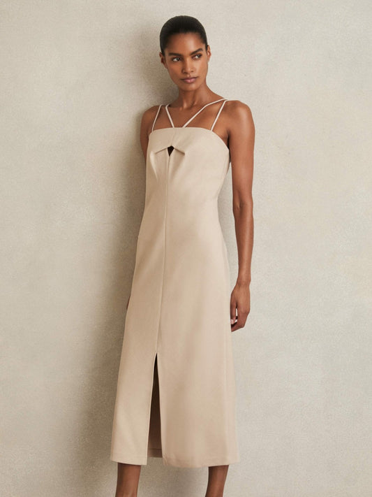 Reiss Double Strap Cut Out Midi Dress in Stone Neutral
