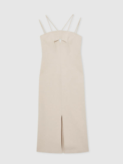 Reiss Double Strap Cut Out Midi Dress in Stone Neutral