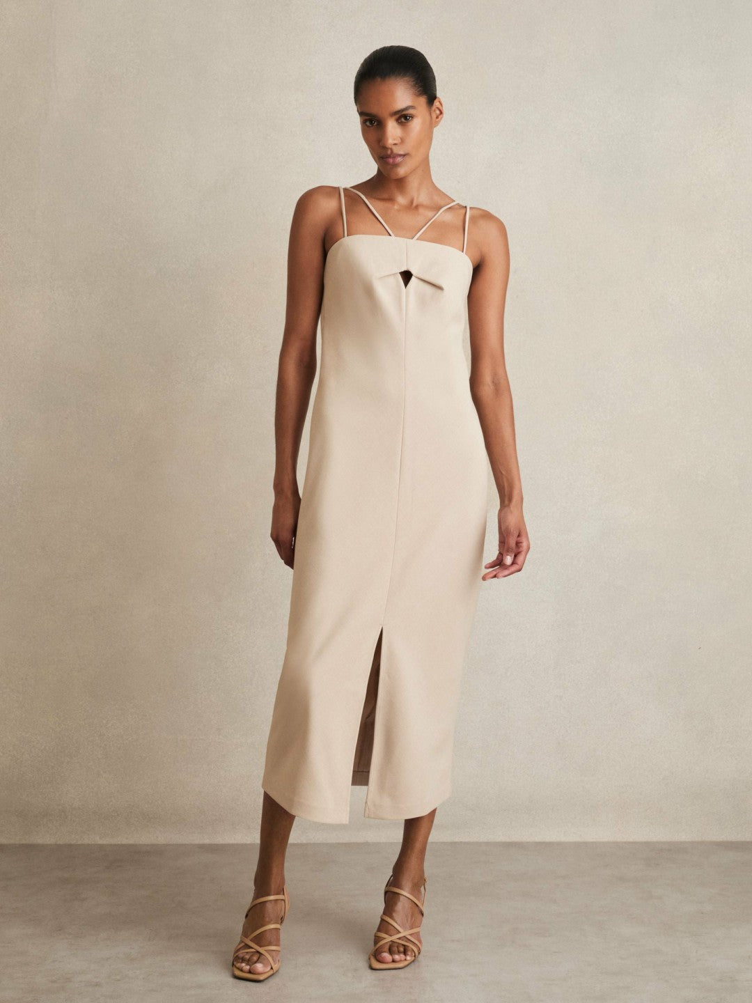 Reiss Double Strap Cut Out Midi Dress in Stone Neutral