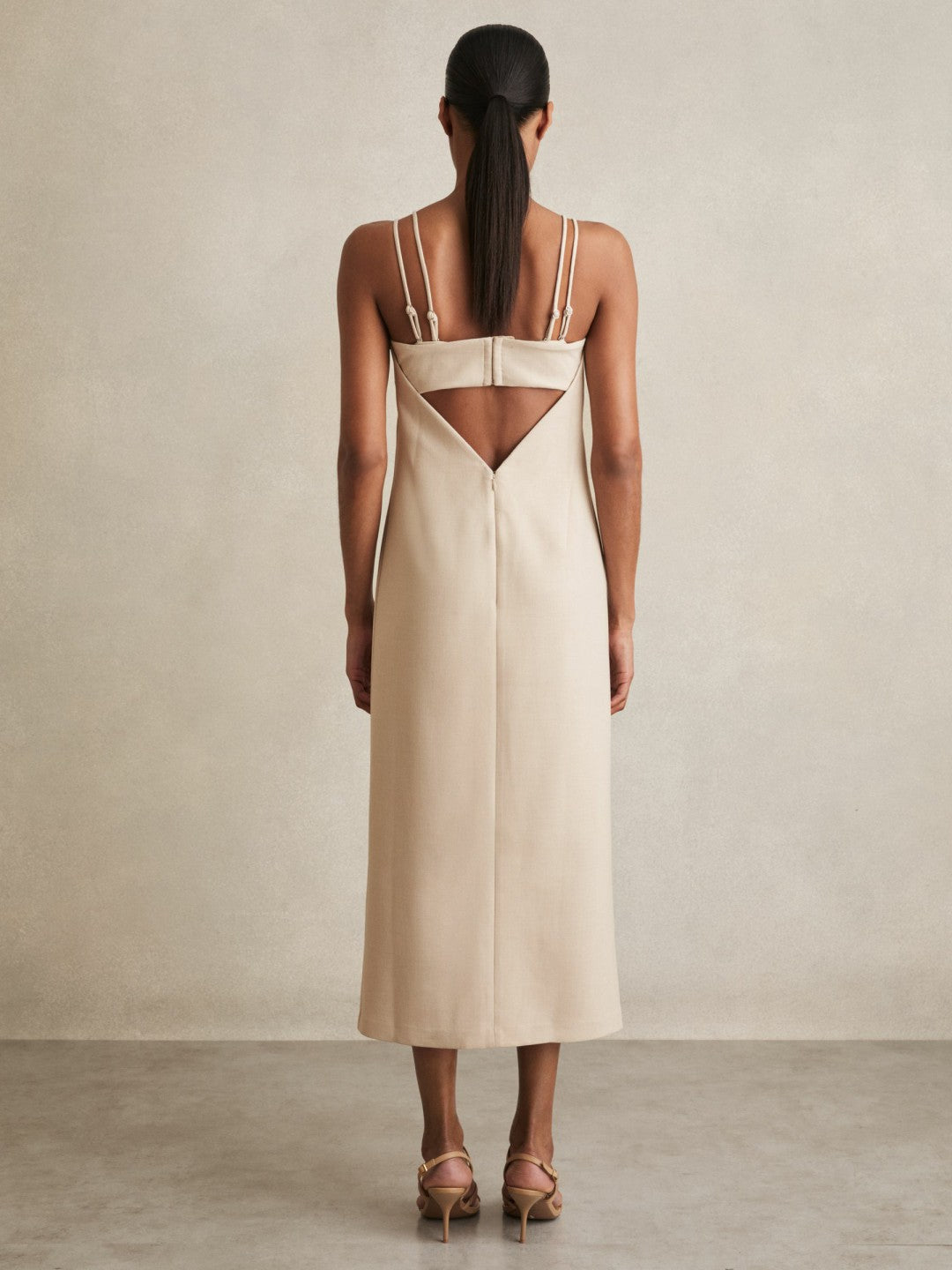 Reiss Double Strap Cut Out Midi Dress in Stone Neutral