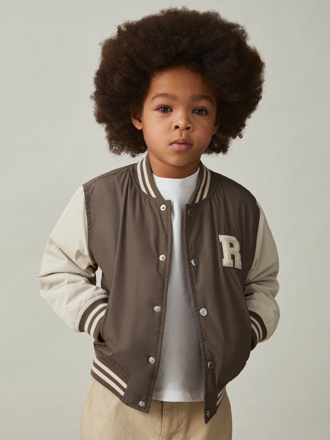 Reiss Deal - 3-9 yrs Colour-Block Varsity Bomber Jacket in Mink Brown/Off White