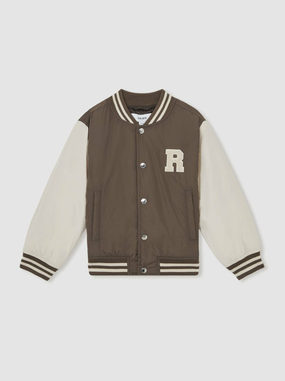 Reiss Deal - 3-9 yrs Colour-Block Varsity Bomber Jacket in Mink Brown/Off White