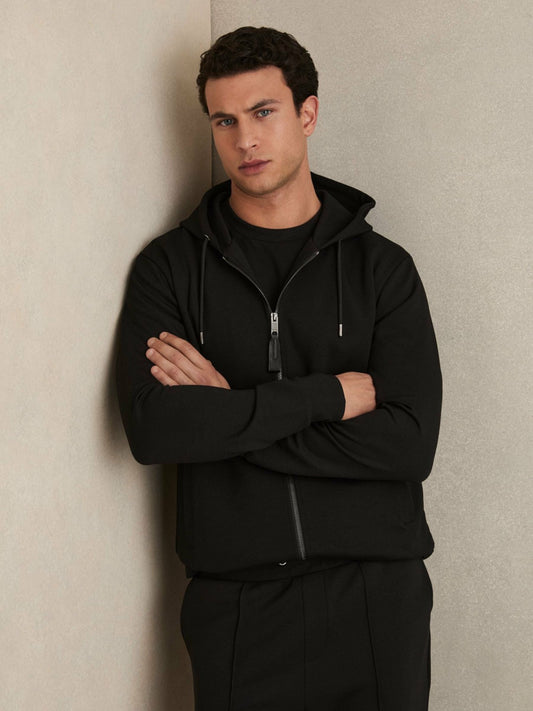 Reiss Deal - Interlock Zip-Through Hoodie in Black
