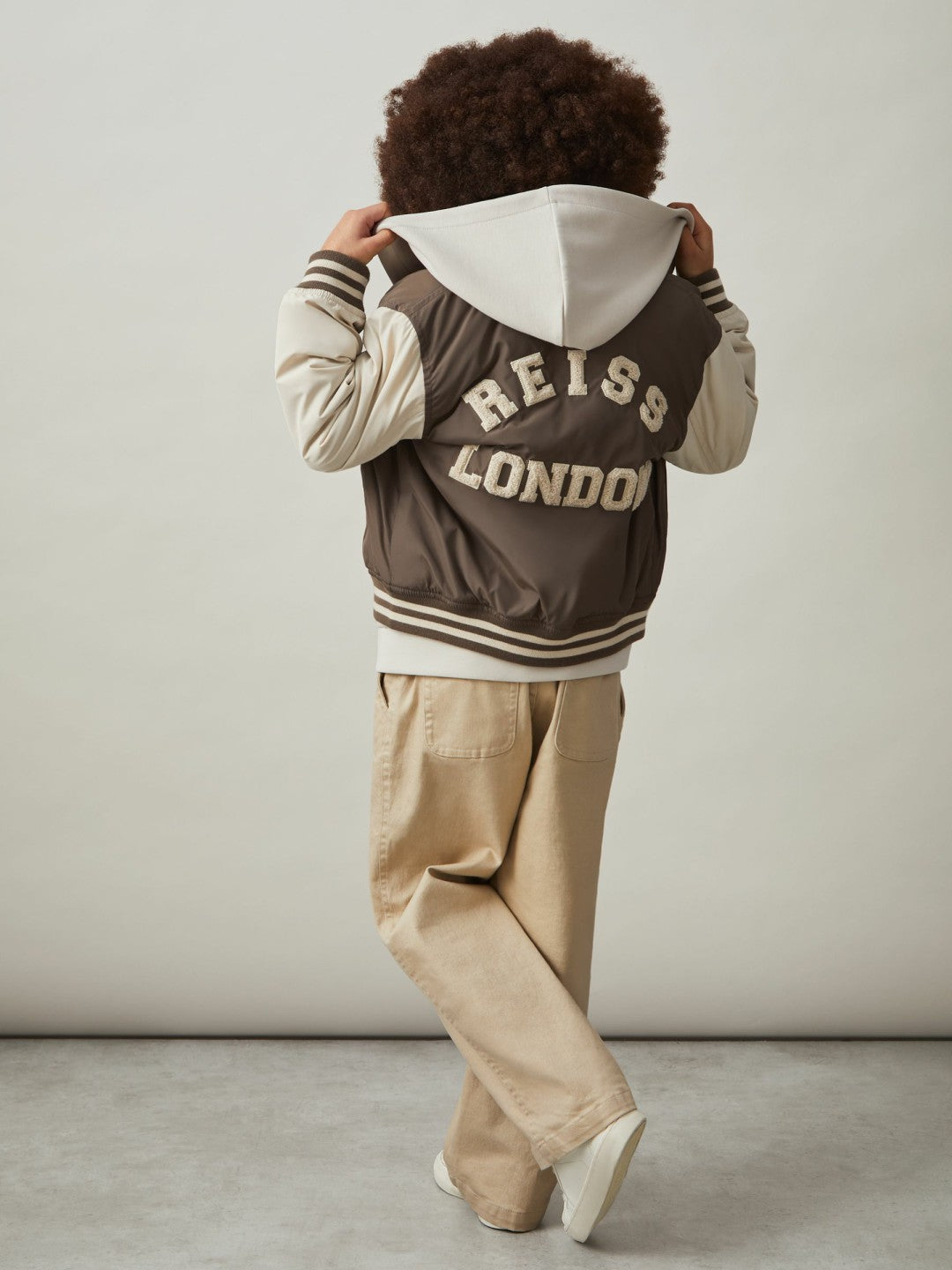 Reiss Best Seller - 9-13 yrs Colour-Block Varsity Bomber Jacket in Mink Brown/Off White