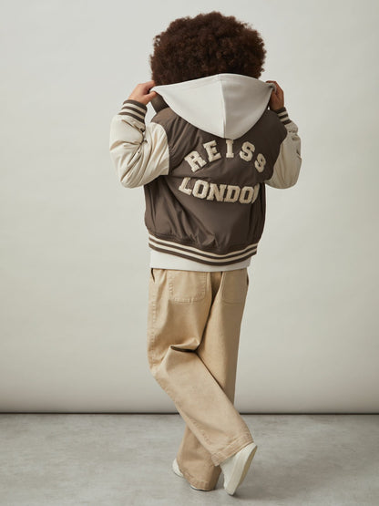 Reiss Best Seller - 9-13 yrs Colour-Block Varsity Bomber Jacket in Mink Brown/Off White