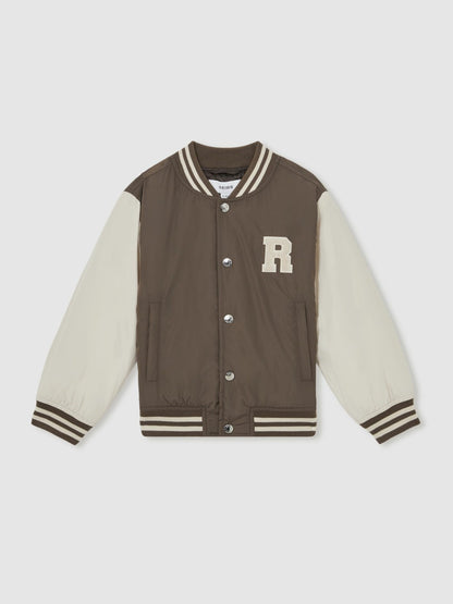Reiss Best Seller - 9-13 yrs Colour-Block Varsity Bomber Jacket in Mink Brown/Off White