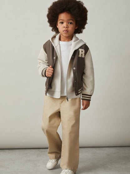 Reiss Best Seller - 9-13 yrs Colour-Block Varsity Bomber Jacket in Mink Brown/Off White