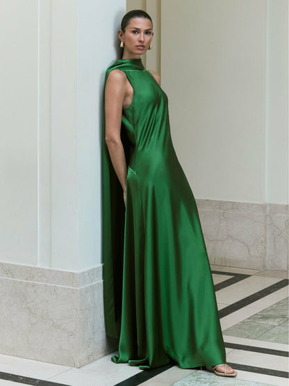 Reiss Satin Cape Maxi Dress in Green