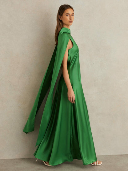Reiss Satin Cape Maxi Dress in Green