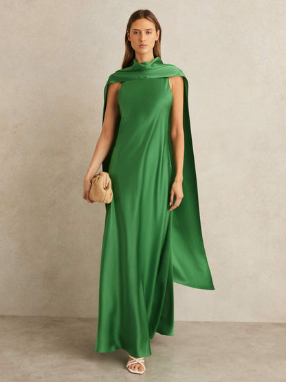 Reiss Satin Cape Maxi Dress in Green