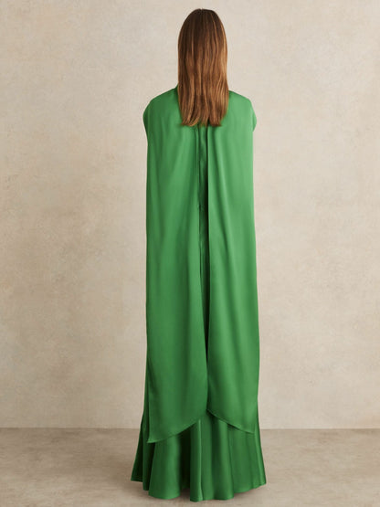 Reiss Satin Cape Maxi Dress in Green