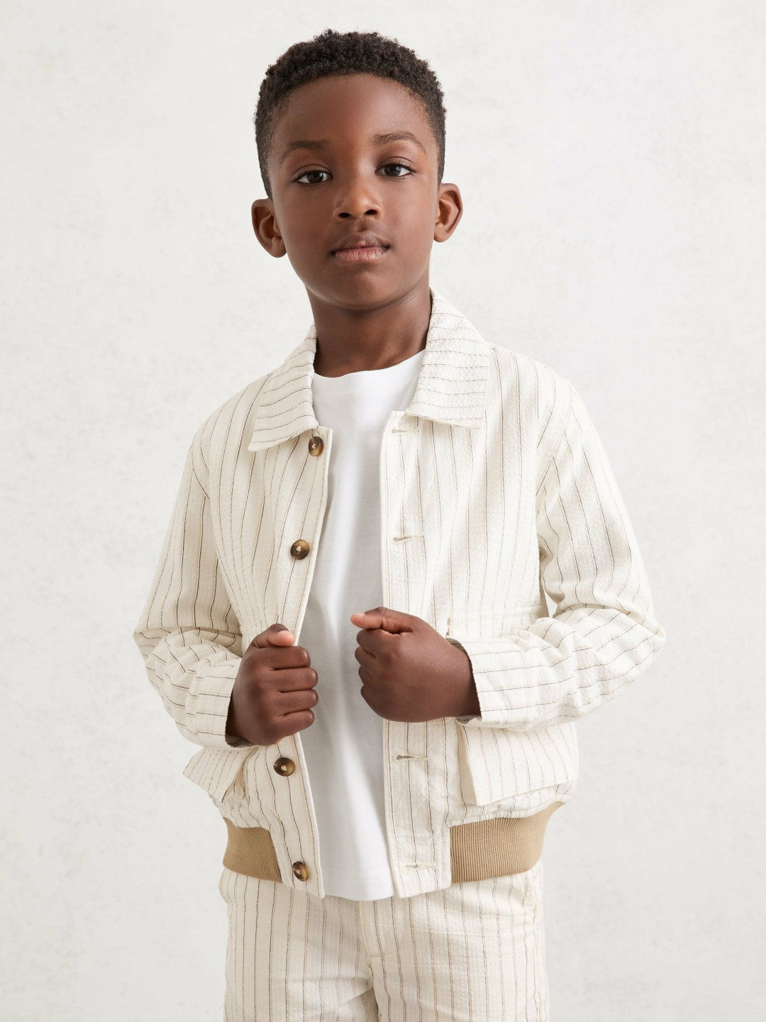 Reiss 3-9 yrs Cotton Pinstripe Harrington Jacket in Off White/Taupe Brown