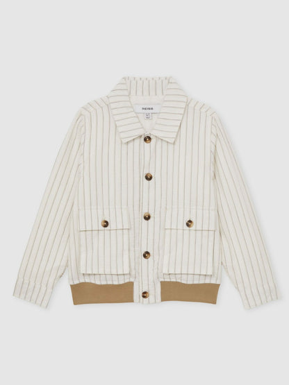 Reiss 3-9 yrs Cotton Pinstripe Harrington Jacket in Off White/Taupe Brown