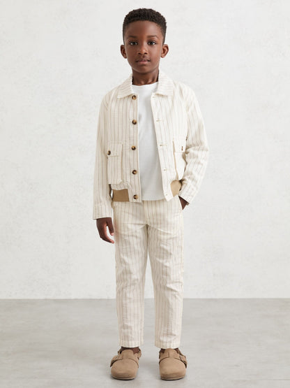 Reiss 3-9 yrs Cotton Pinstripe Harrington Jacket in Off White/Taupe Brown