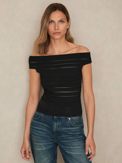 Reiss Offer - Bardot Open Knit Top in Black