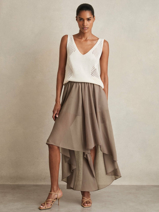 Reiss Featured - Petite Sheer-Overlay High-Low Shorts in Mink Neutral