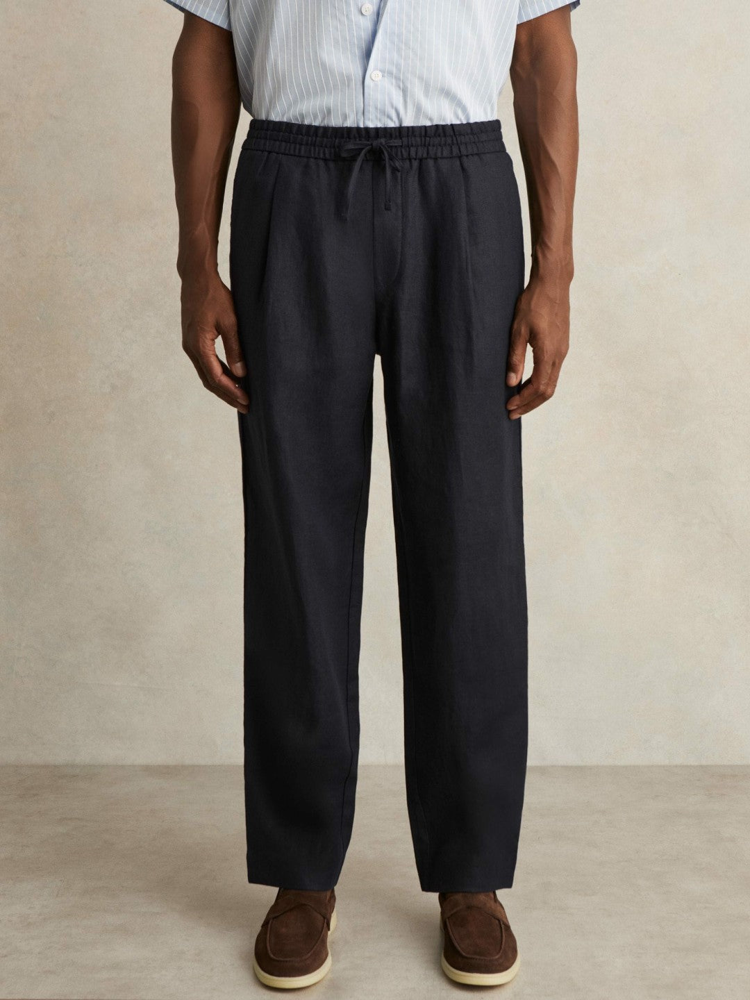 Reiss Savings - Linen Drawstring Relaxed-Fit Trousers in Navy