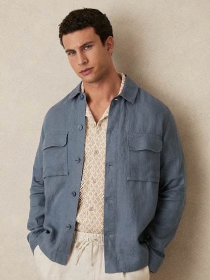 Reiss Featured - Linen Twin-Pocket Overshirt in Airforce Blue