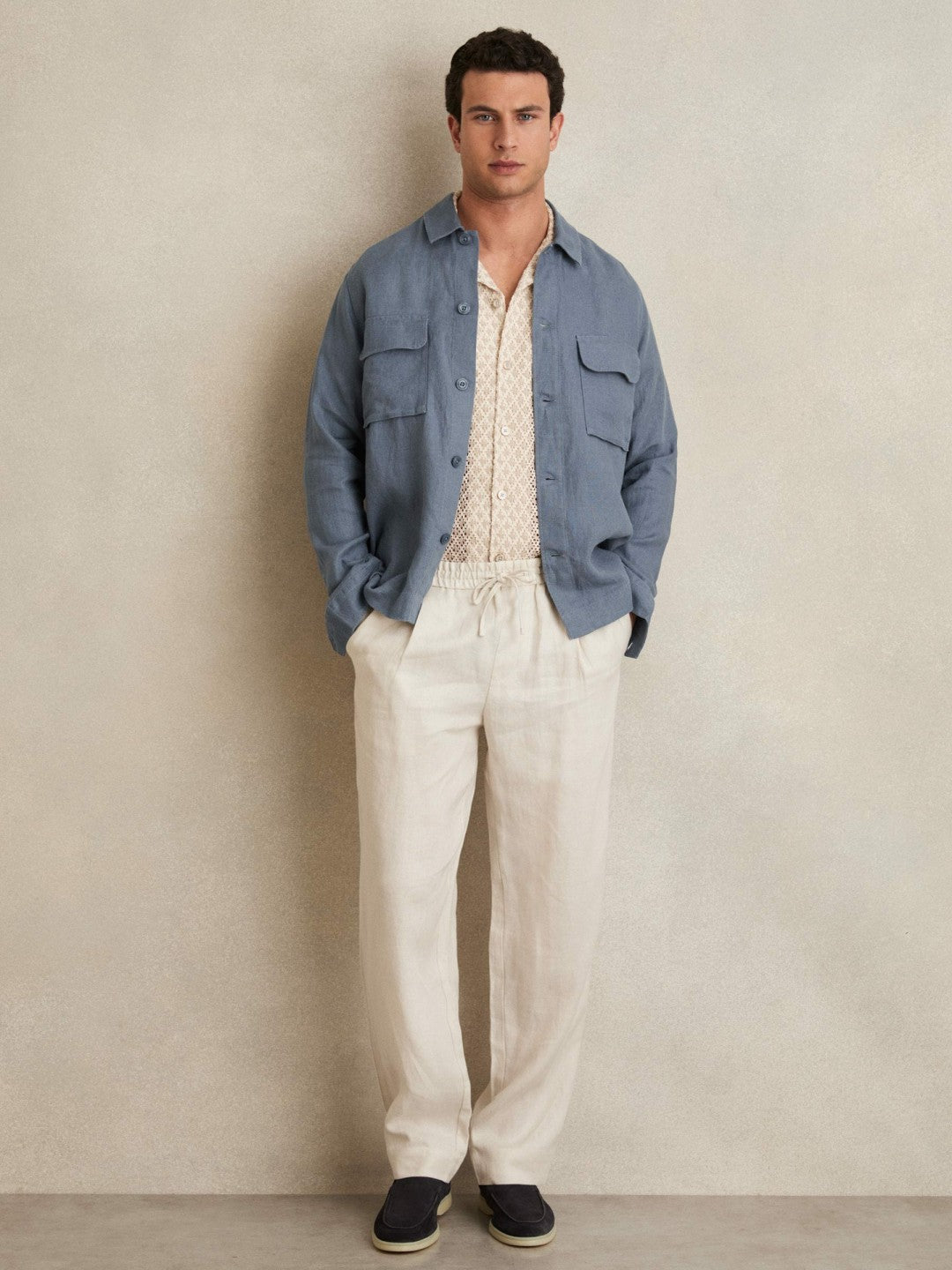 Reiss Featured - Linen Twin-Pocket Overshirt in Airforce Blue