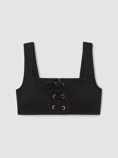 Reiss Popular Choice - Ribbed Lace-Up Bikini Top in Black