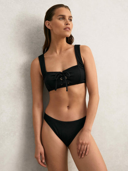 Reiss Popular Choice - Ribbed Lace-Up Bikini Top in Black