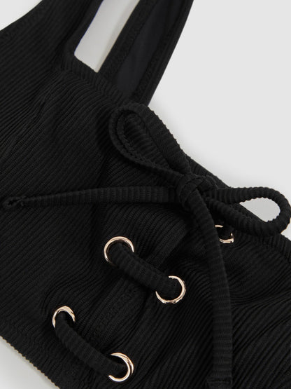 Reiss Popular Choice - Ribbed Lace-Up Bikini Top in Black