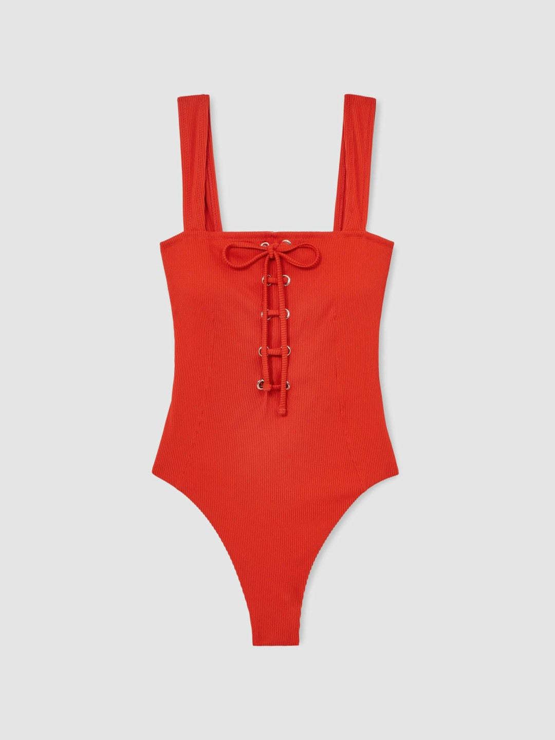 Reiss Ribbed Lace-Up Swimsuit in Orange