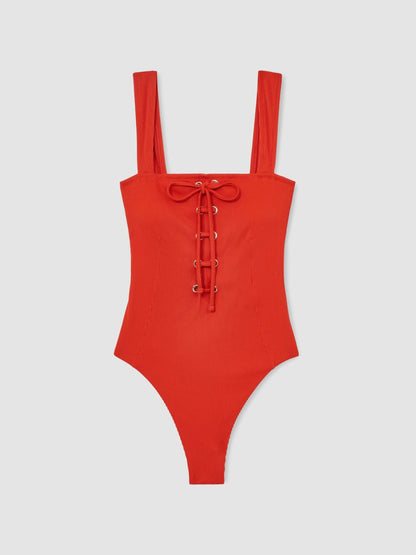Reiss Ribbed Lace-Up Swimsuit in Orange
