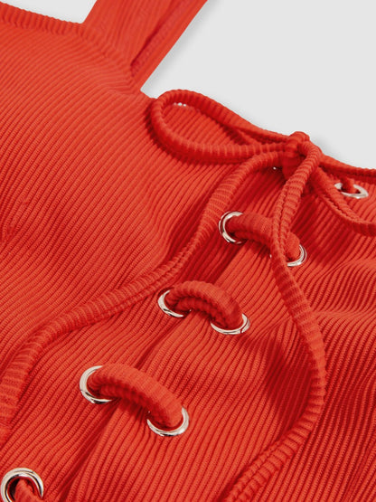 Reiss Ribbed Lace-Up Swimsuit in Orange
