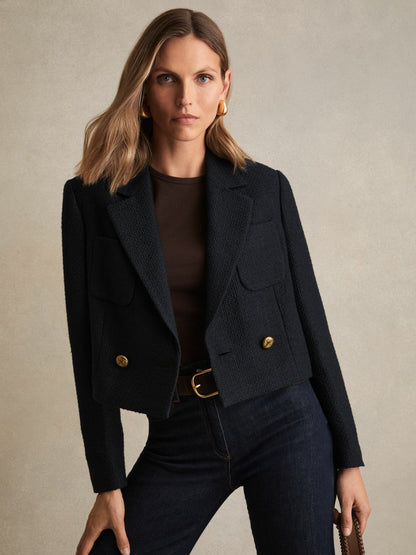 Reiss Affordable - Double-Breasted Textured Cropped Blazer with Wool and Cotton in Navy