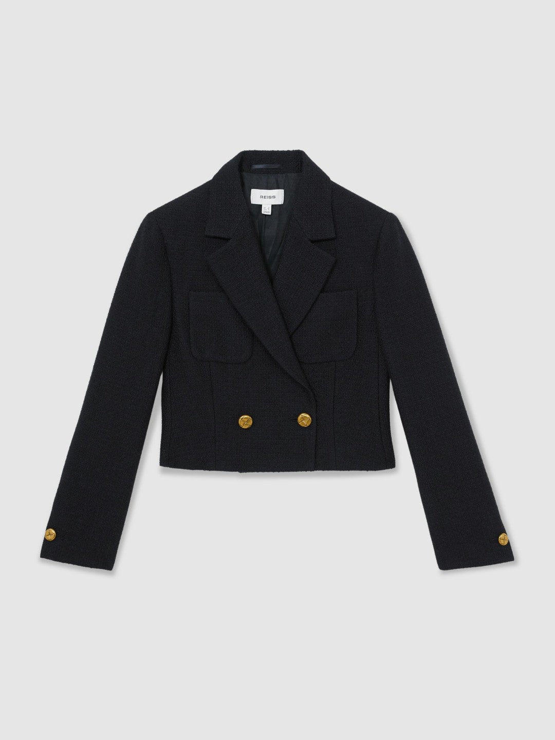 Reiss Affordable - Double-Breasted Textured Cropped Blazer with Wool and Cotton in Navy
