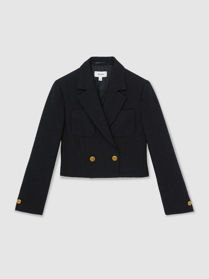Reiss Affordable - Double-Breasted Textured Cropped Blazer with Wool and Cotton in Navy