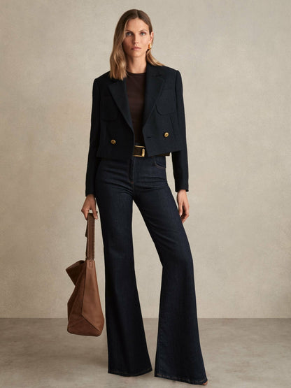 Reiss Affordable - Double-Breasted Textured Cropped Blazer with Wool and Cotton in Navy